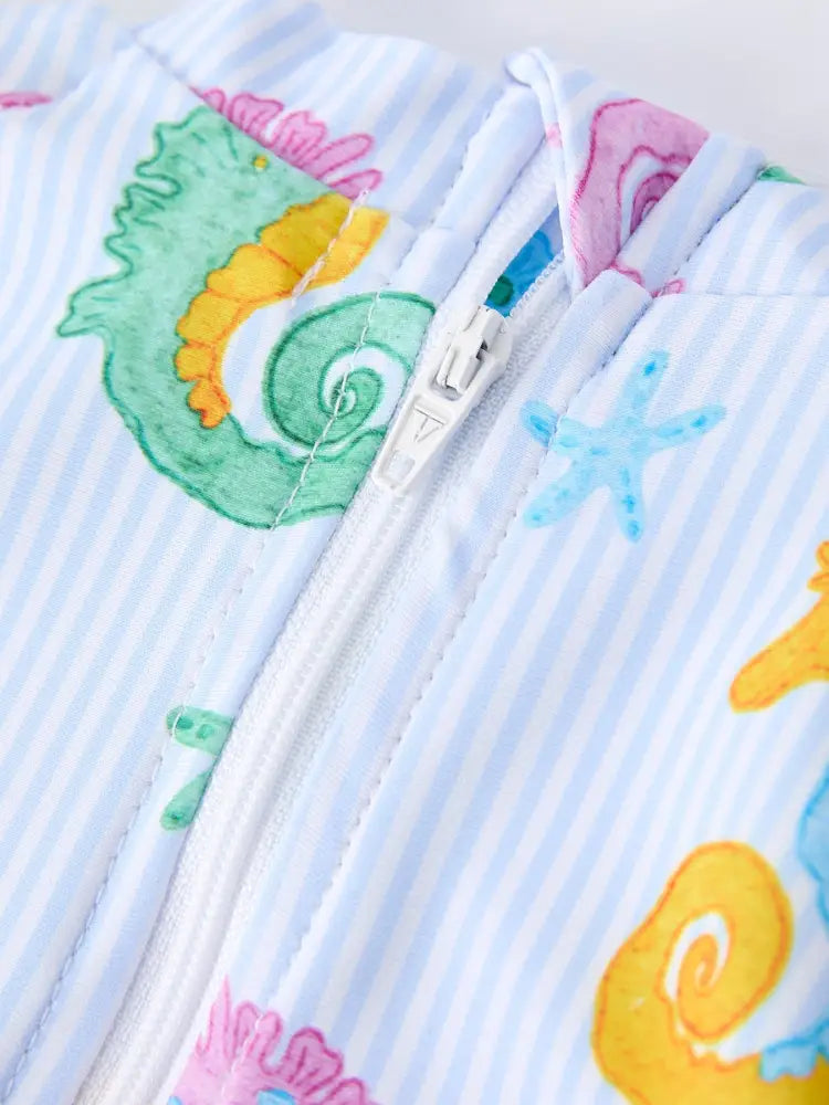 Summer Seahorse Print Girl Long Sleeve Ruffle One Piece Swimsuit - Swimsuit