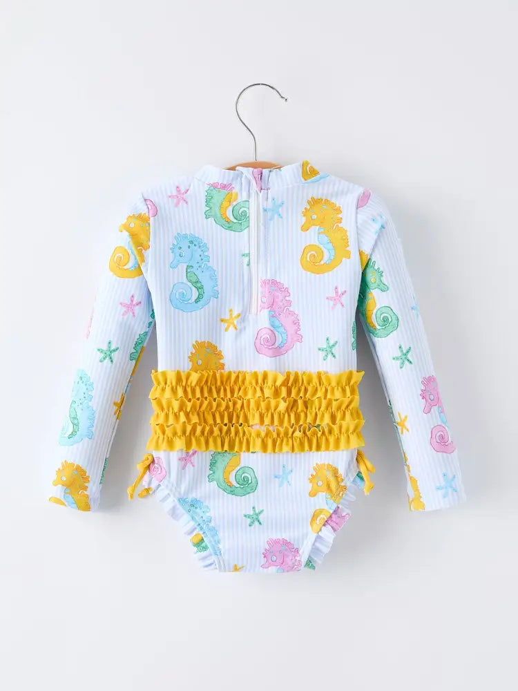 Summer Seahorse Print Girl Long Sleeve Ruffle One Piece Swimsuit - Swimsuit
