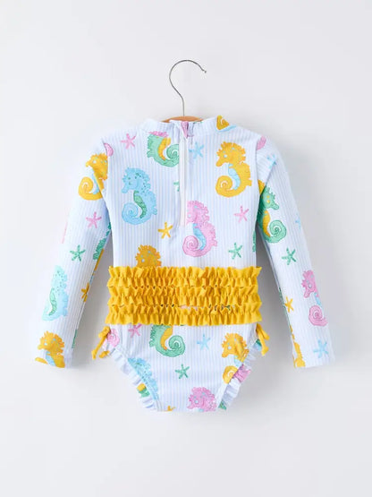 Summer Seahorse Print Girl Long Sleeve Ruffle One Piece Swimsuit - Swimsuit