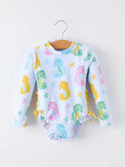 Summer Seahorse Print Girl Long Sleeve Ruffle One Piece Swimsuit - Swimsuit