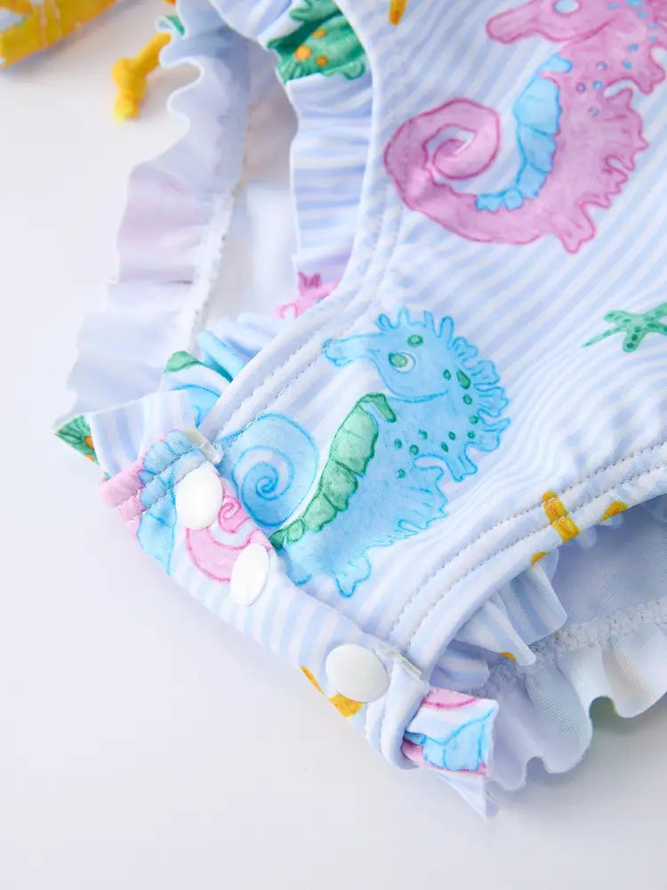 Summer Seahorse Print Girl Long Sleeve Ruffle One Piece Swimsuit - Swimsuit