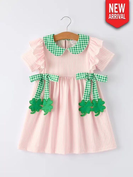 St. Patrick’s Day Shamrock Girls’ Striped Plaid Dress Dress