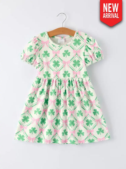 St. Patrick’s Day Bow Shamrock Print Short Sleeves Girls Dress Dress