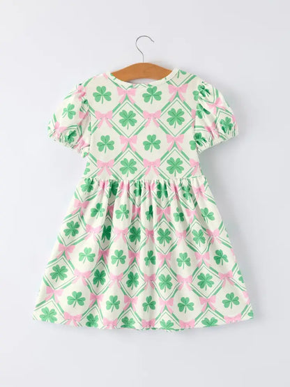 St. Patrick’s Day Bow Shamrock Print Short Sleeves Girls Dress Dress