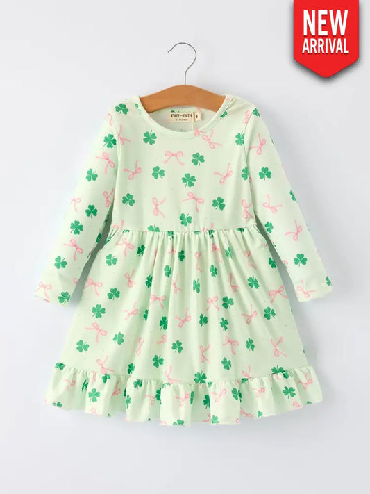St. Patrick’s Day Bow Shamrock Print Ruffles Girls Dress Dress