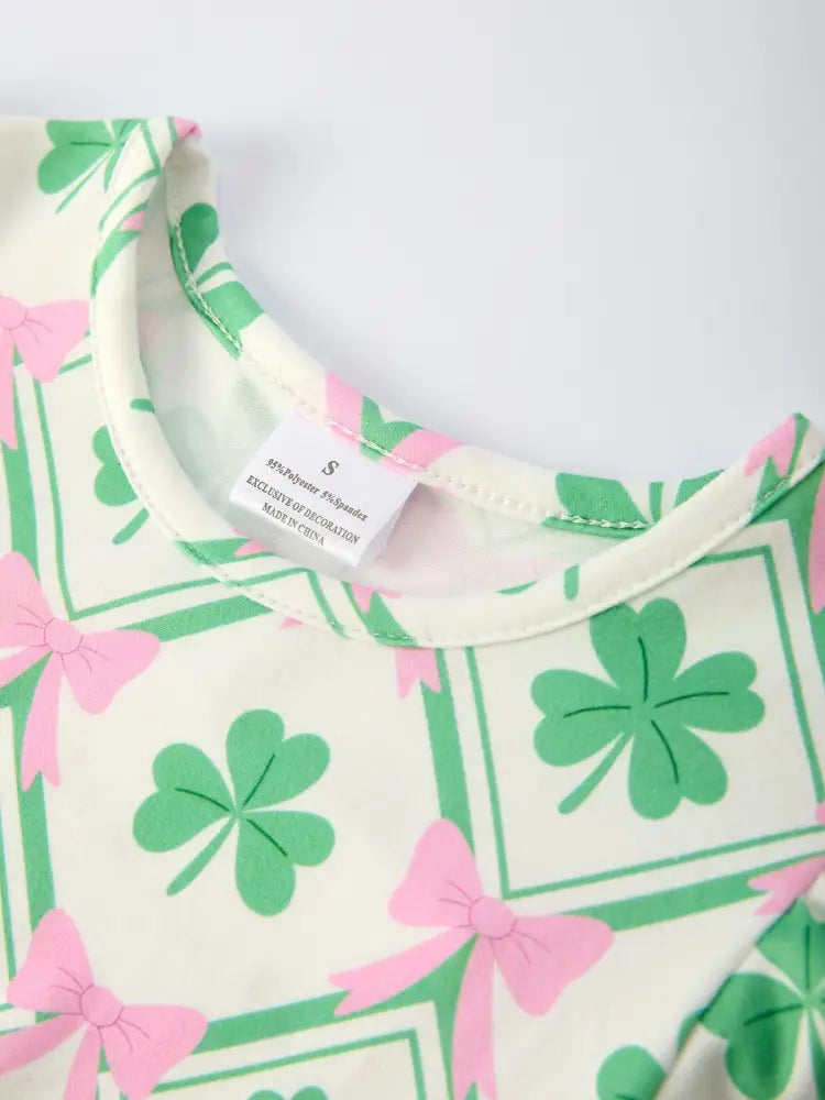 St. Patrick’s Day Bow Shamrock Print Short Sleeves Girls Dress Dress