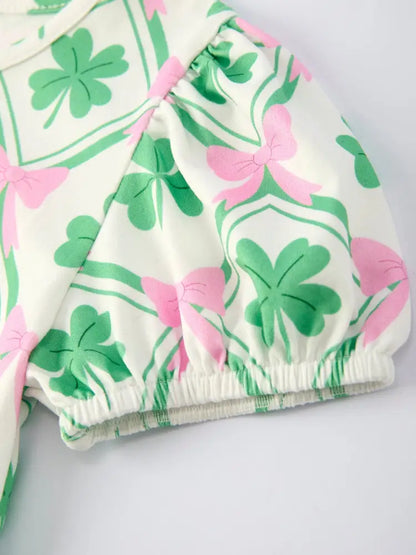 St. Patrick’s Day Bow Shamrock Print Short Sleeves Girls Dress Dress