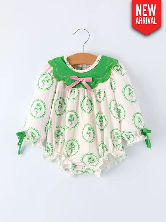 St. Patrick’s Day Shamrock Striped Long Sleeve Baby Girl Romper Romper
