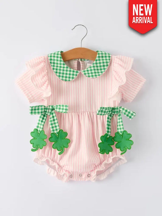 St. Patrick’s Day Shamrock Striped Plaid Baby Girl Romper Romper