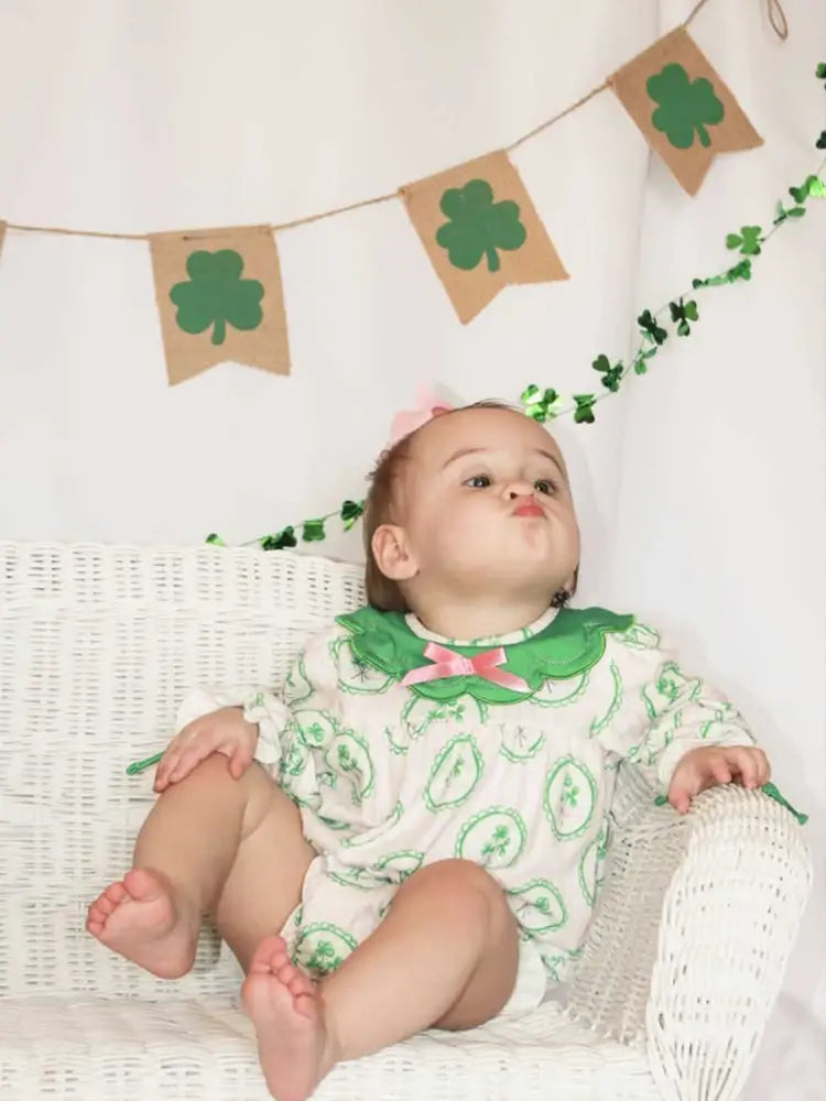 St. Patrick’s Day Shamrock Striped Long Sleeve Baby Girl Romper Romper