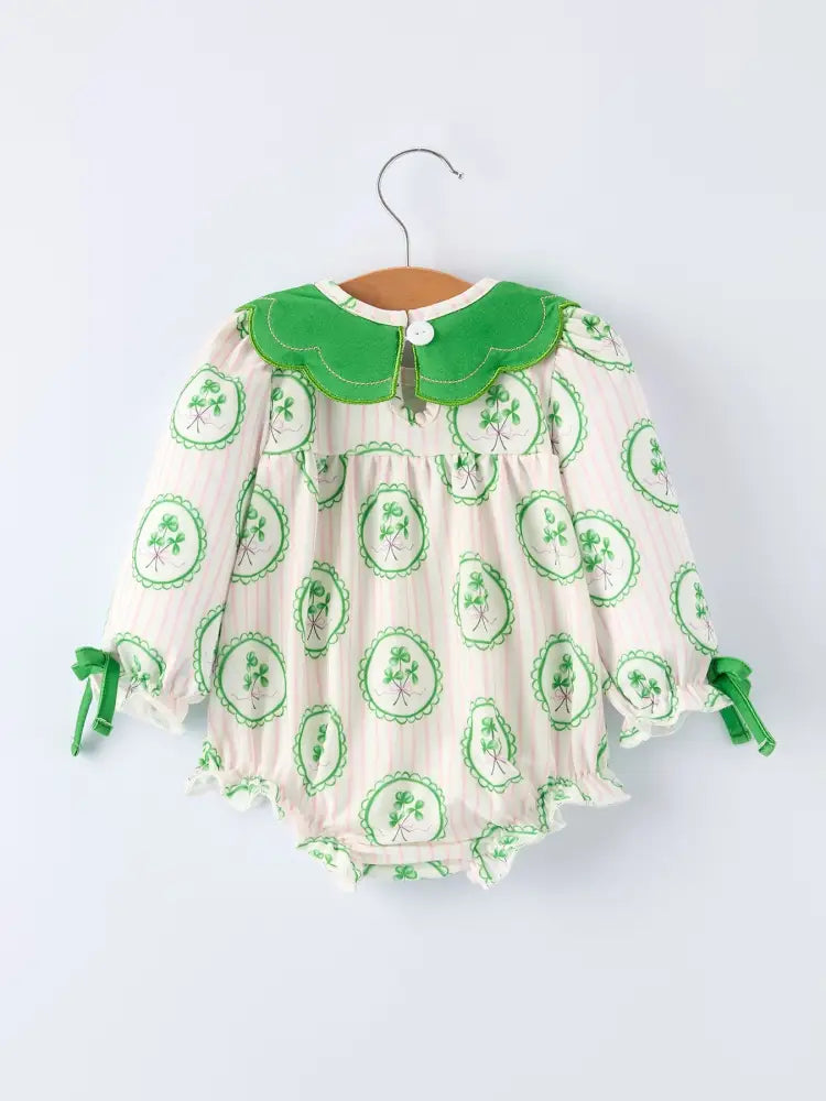 St. Patrick’s Day Shamrock Striped Long Sleeve Baby Girl Romper Romper