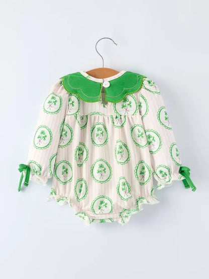 St. Patrick’s Day Shamrock Striped Long Sleeve Baby Girl Romper Romper