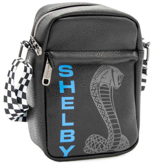 Crossbody Wallet - Carroll Shelby SHELBY Text Super Cobra Black Blue Gray Crossbody Bags