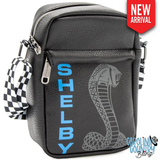Crossbody Wallet - Carroll Shelby SHELBY Text Super Cobra Black Blue Gray Crossbody Bags