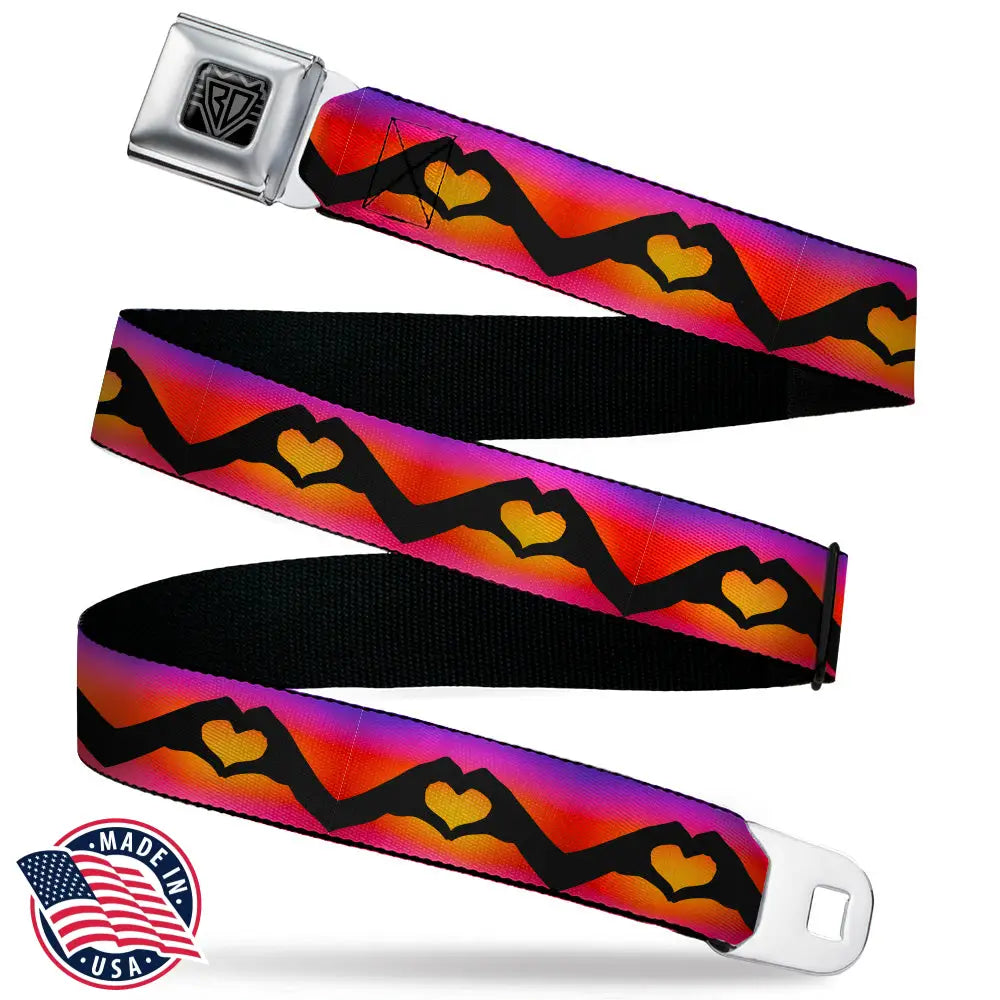 BD Wings Logo CLOSE-UP Black/Silver Seatbelt Belt - Hand Heart Silhouette Ombre Purples/Orange/Pinks Webbing Seatbelt