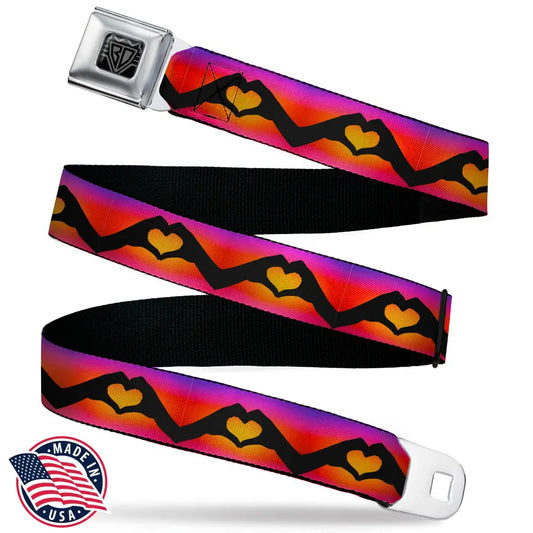 BD Wings Logo CLOSE-UP Black/Silver Seatbelt Belt - Hand Heart Silhouette Ombre Purples/Orange/Pinks Webbing Seatbelt