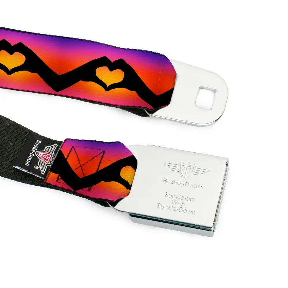 BD Wings Logo CLOSE-UP Black/Silver Seatbelt Belt - Hand Heart Silhouette Ombre Purples/Orange/Pinks Webbing Seatbelt
