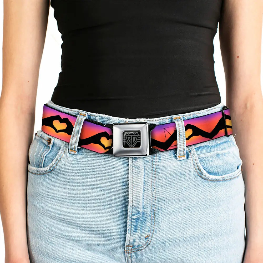 BD Wings Logo CLOSE-UP Black/Silver Seatbelt Belt - Hand Heart Silhouette Ombre Purples/Orange/Pinks Webbing Seatbelt
