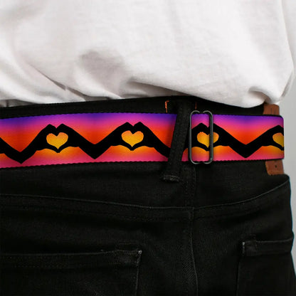 BD Wings Logo CLOSE-UP Black/Silver Seatbelt Belt - Hand Heart Silhouette Ombre Purples/Orange/Pinks Webbing Seatbelt