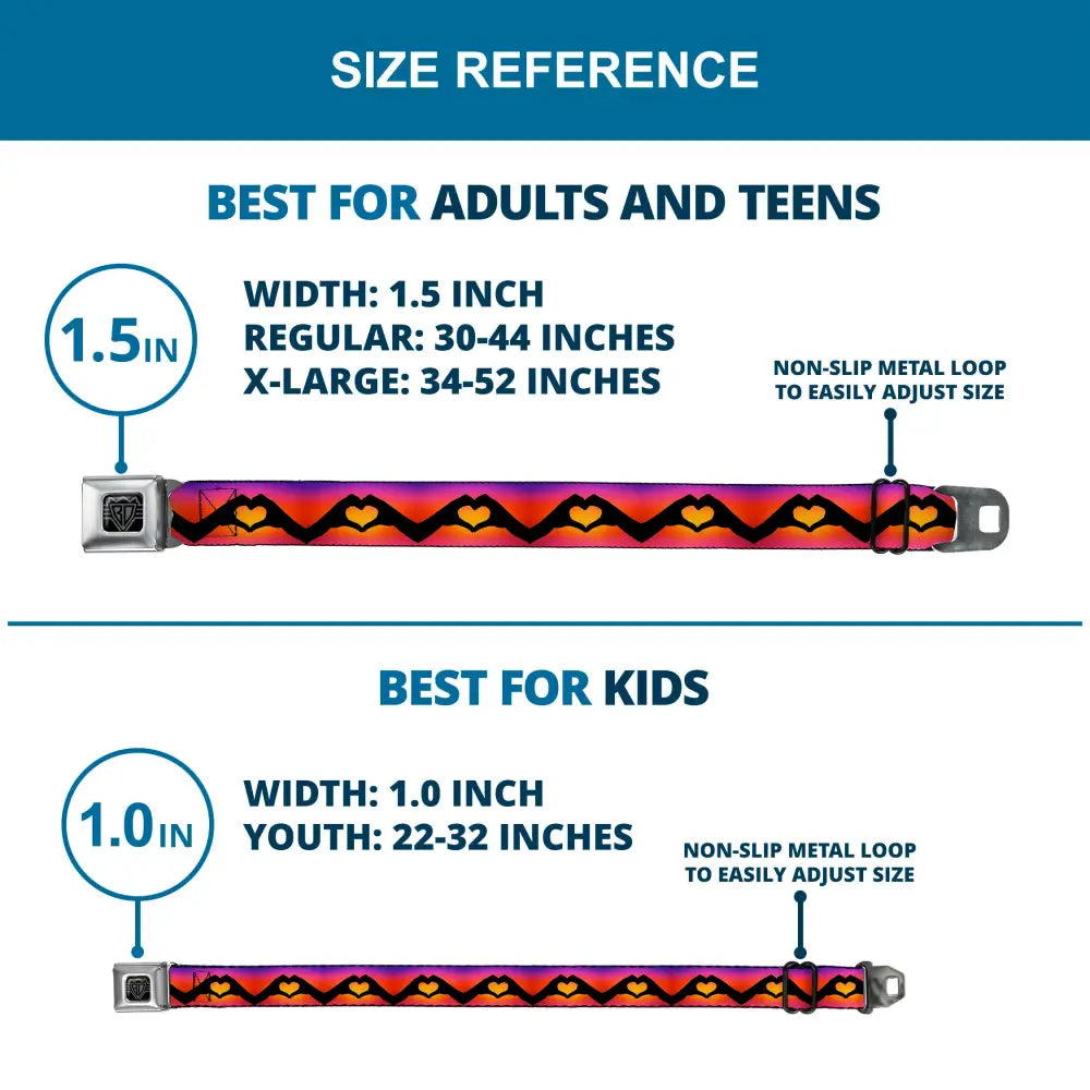BD Wings Logo CLOSE-UP Black/Silver Seatbelt Belt - Hand Heart Silhouette Ombre Purples/Orange/Pinks Webbing Seatbelt