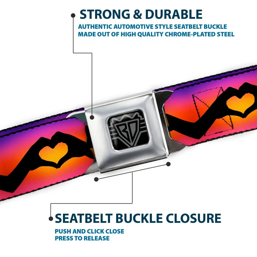 BD Wings Logo CLOSE-UP Black/Silver Seatbelt Belt - Hand Heart Silhouette Ombre Purples/Orange/Pinks Webbing Seatbelt