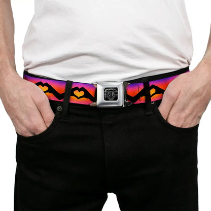 BD Wings Logo CLOSE-UP Black/Silver Seatbelt Belt - Hand Heart Silhouette Ombre Purples/Orange/Pinks Webbing Seatbelt