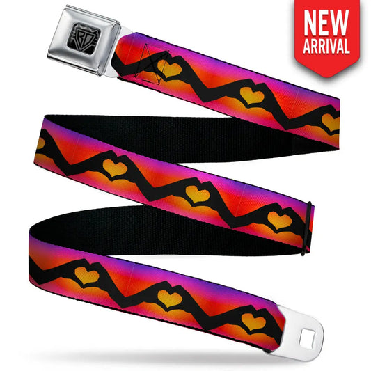 BD Wings Logo CLOSE-UP Black/Silver Seatbelt Belt - Hand Heart Silhouette Ombre Purples/Orange/Pinks Webbing Seatbelt