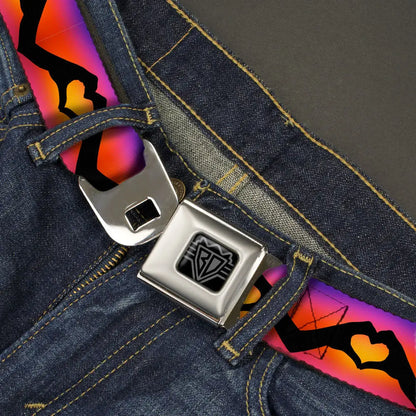 BD Wings Logo CLOSE-UP Black/Silver Seatbelt Belt - Hand Heart Silhouette Ombre Purples/Orange/Pinks Webbing Seatbelt