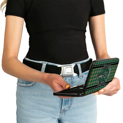 Hinged Wallet - SLYTHERIN Crest Stripes Diamonds Greens Black Hinged Wallets