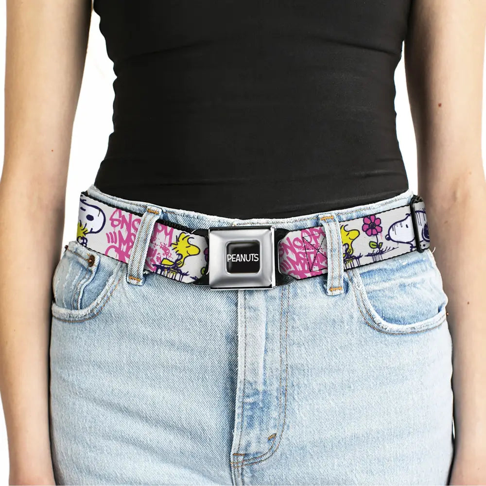 PEANUTS Title Logo Full Color Black/White Seatbelt Belt - Peanuts Snoopy and Woodstock Graffiti Collage White/Multi
