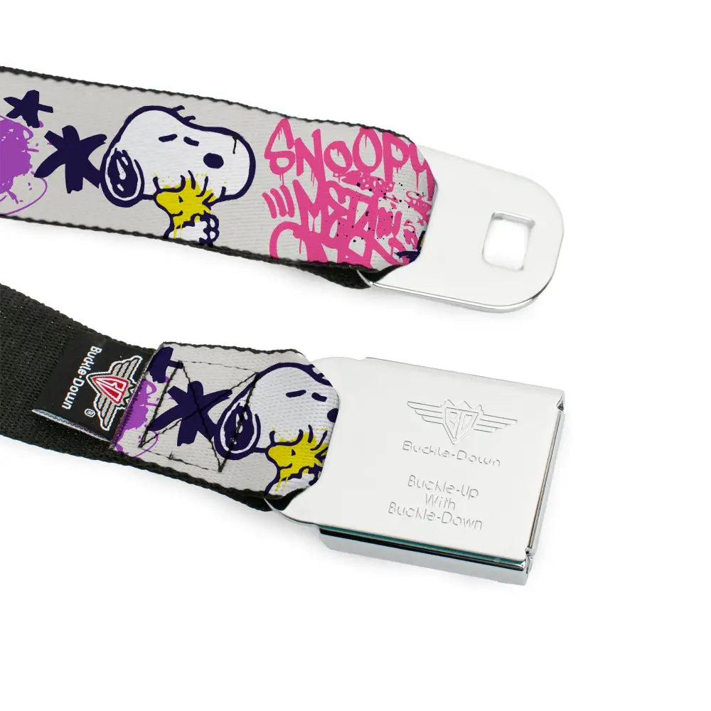 PEANUTS Title Logo Full Color Black/White Seatbelt Belt - Peanuts Snoopy and Woodstock Graffiti Collage White/Multi