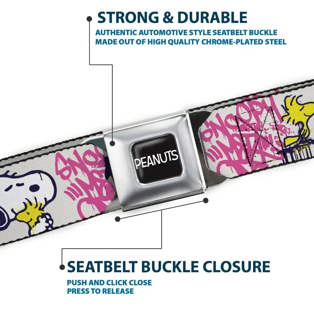 PEANUTS Title Logo Full Color Black/White Seatbelt Belt - Peanuts Snoopy and Woodstock Graffiti Collage White/Multi