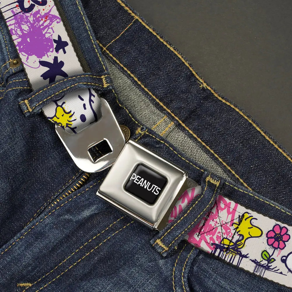 PEANUTS Title Logo Full Color Black/White Seatbelt Belt - Peanuts Snoopy and Woodstock Graffiti Collage White/Multi
