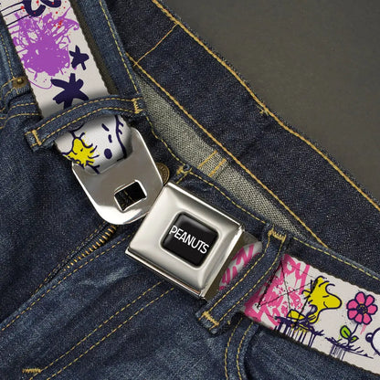 PEANUTS Title Logo Full Color Black/White Seatbelt Belt - Peanuts Snoopy and Woodstock Graffiti Collage White/Multi