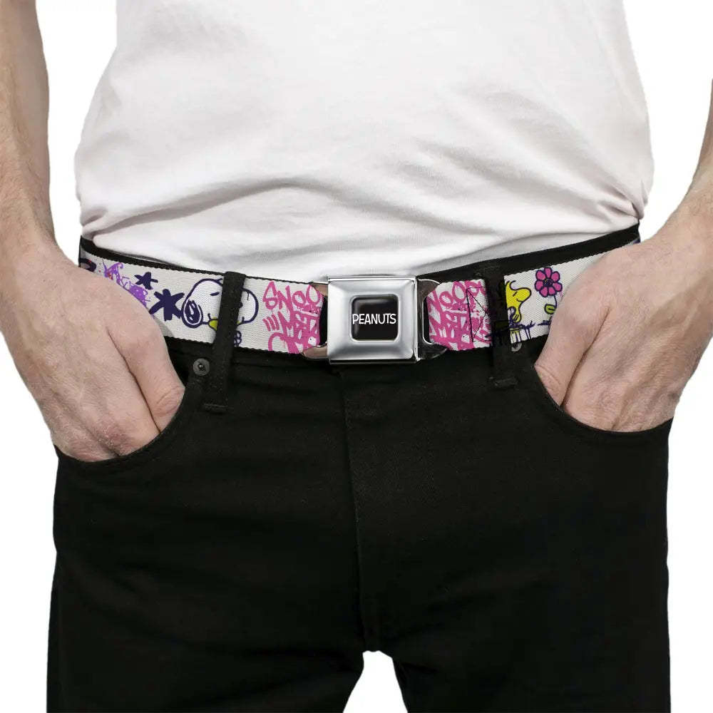 PEANUTS Title Logo Full Color Black/White Seatbelt Belt - Peanuts Snoopy and Woodstock Graffiti Collage White/Multi