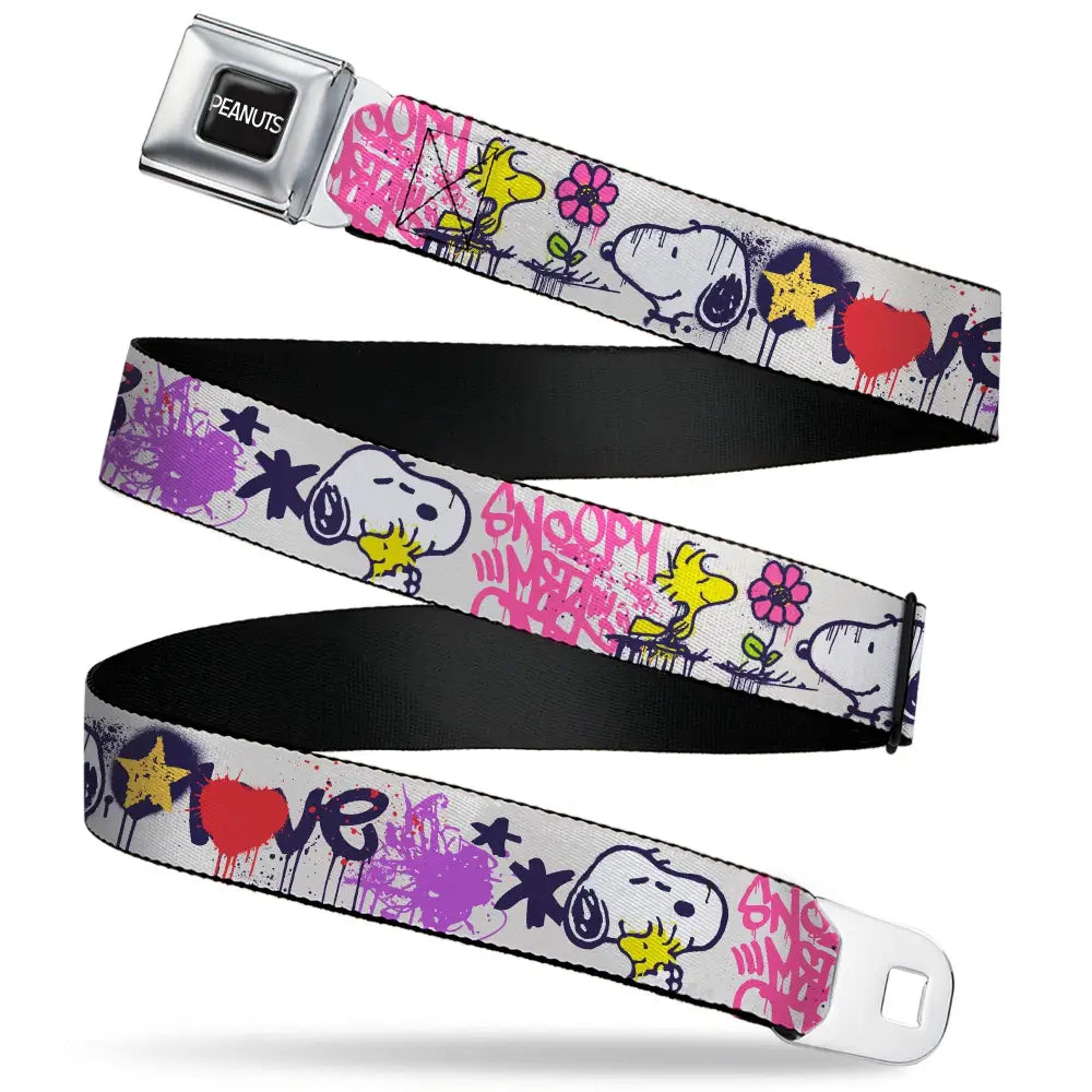 PEANUTS Title Logo Full Color Black/White Seatbelt Belt - Peanuts Snoopy and Woodstock Graffiti Collage White/Multi