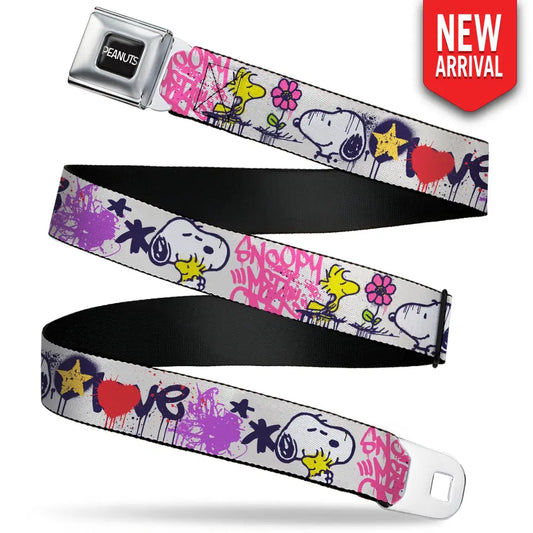PEANUTS Title Logo Full Color Black/White Seatbelt Belt - Peanuts Snoopy and Woodstock Graffiti Collage White/Multi