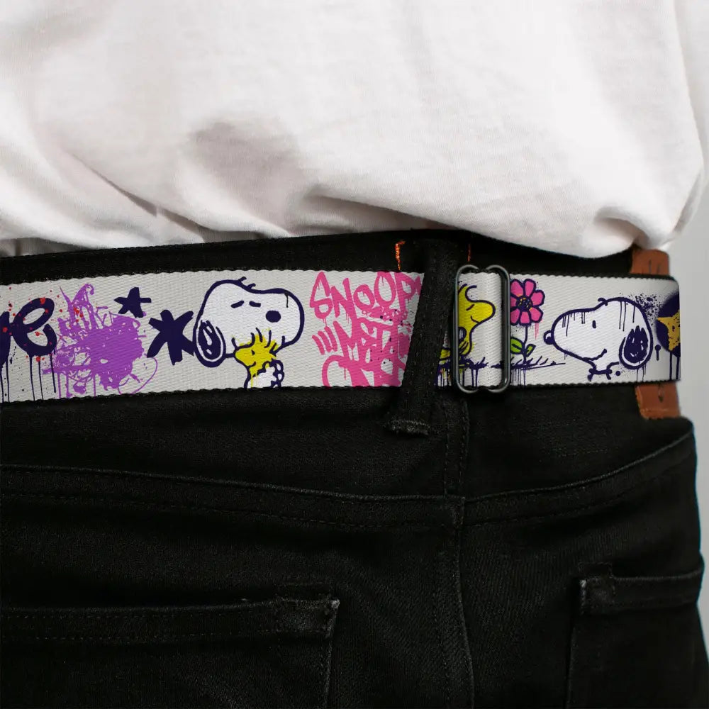 PEANUTS Title Logo Full Color Black/White Seatbelt Belt - Peanuts Snoopy and Woodstock Graffiti Collage White/Multi