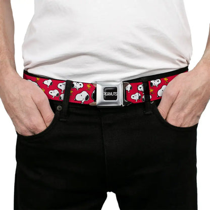 PEANUTS Title Logo Full Color Black/White Seatbelt Belt - Peanuts Snoopy and Woodstock Poses Scattered Red Webbing