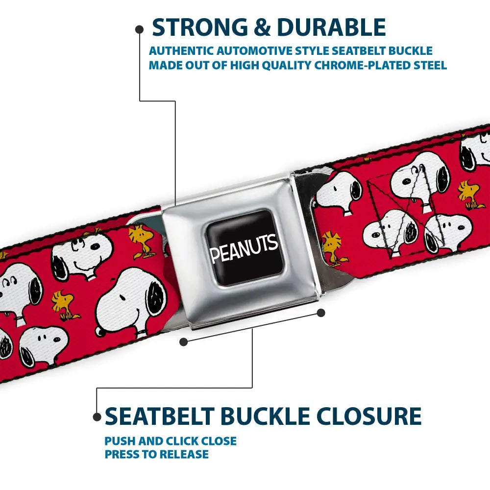 PEANUTS Title Logo Full Color Black/White Seatbelt Belt - Peanuts Snoopy and Woodstock Poses Scattered Red Webbing