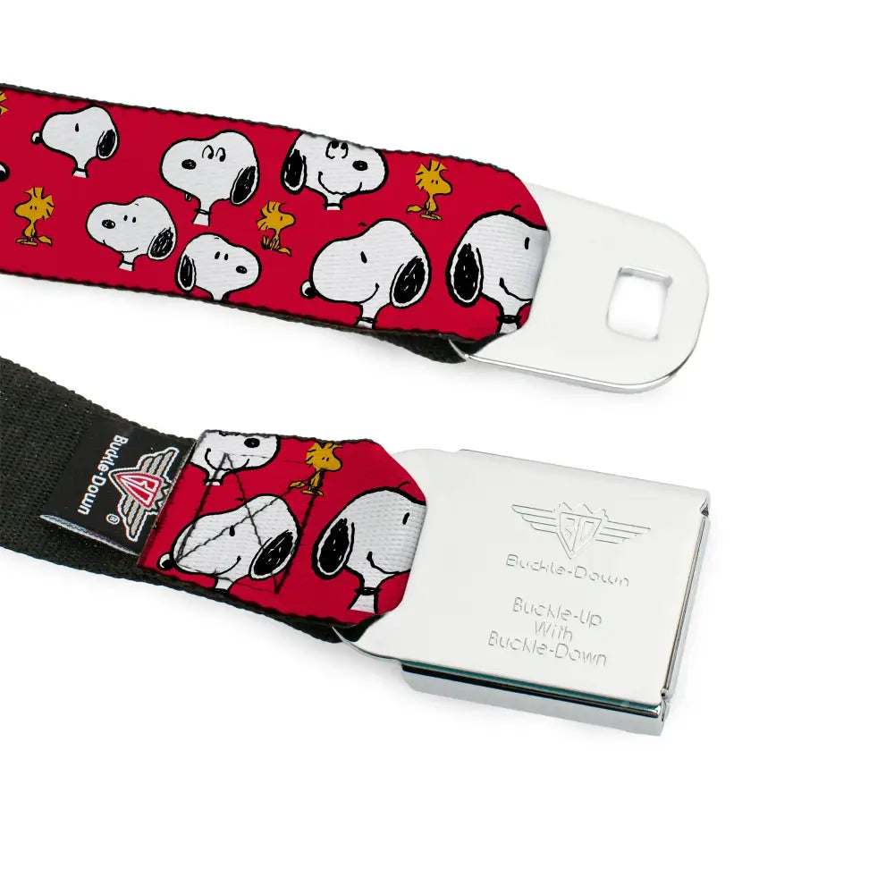 PEANUTS Title Logo Full Color Black/White Seatbelt Belt - Peanuts Snoopy and Woodstock Poses Scattered Red Webbing