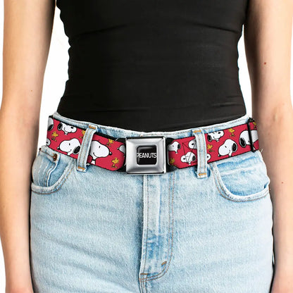 PEANUTS Title Logo Full Color Black/White Seatbelt Belt - Peanuts Snoopy and Woodstock Poses Scattered Red Webbing