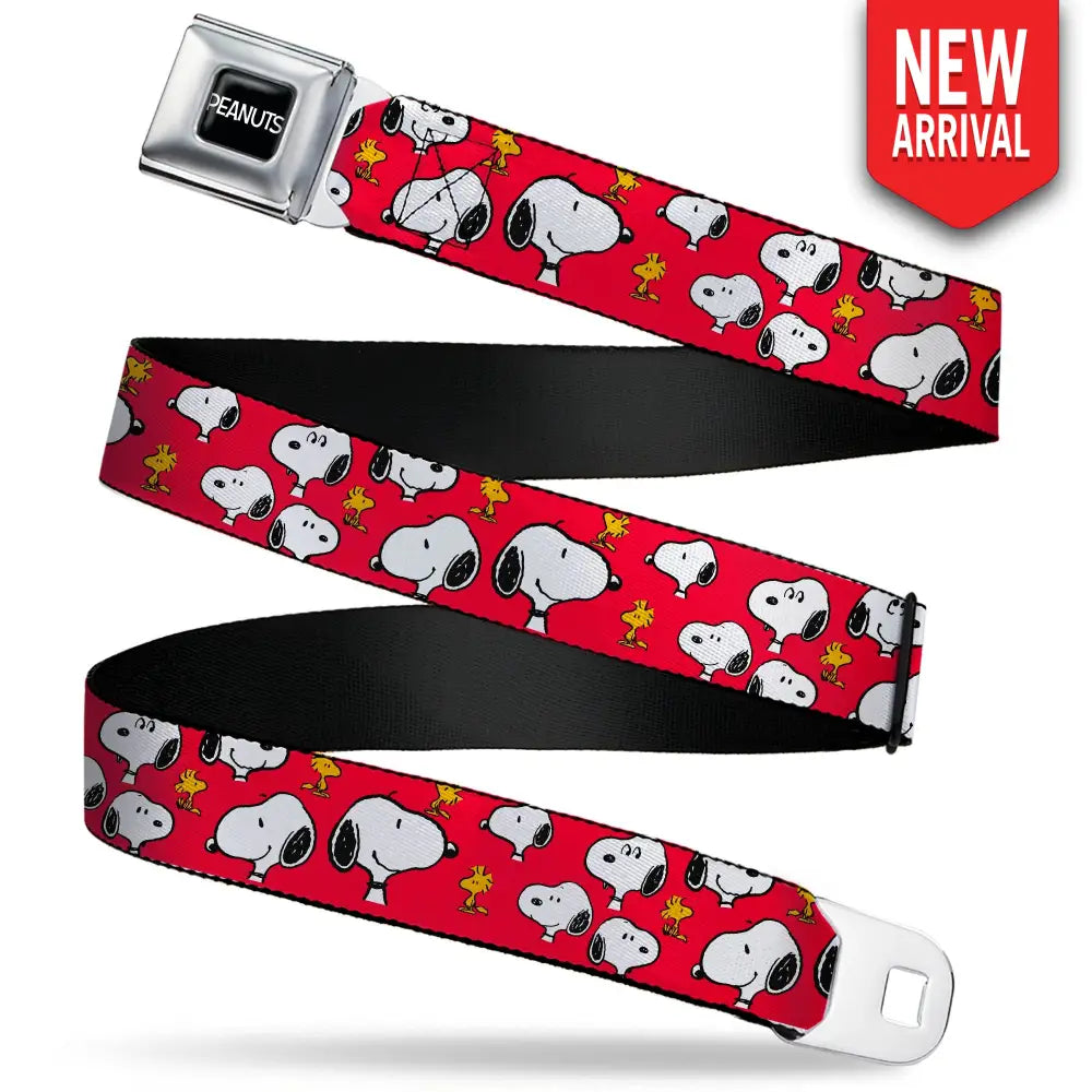 PEANUTS Title Logo Full Color Black/White Seatbelt Belt - Peanuts Snoopy and Woodstock Poses Scattered Red Webbing