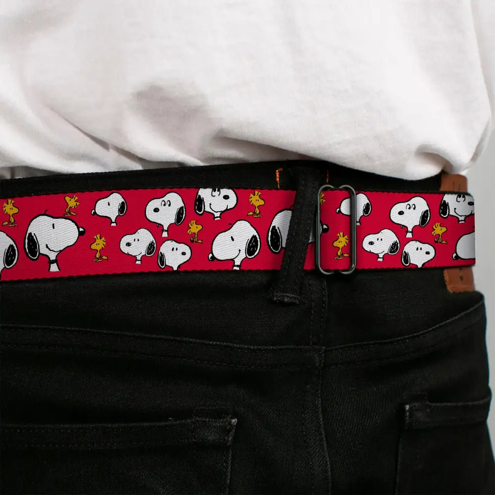 PEANUTS Title Logo Full Color Black/White Seatbelt Belt - Peanuts Snoopy and Woodstock Poses Scattered Red Webbing