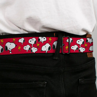 PEANUTS Title Logo Full Color Black/White Seatbelt Belt - Peanuts Snoopy and Woodstock Poses Scattered Red Webbing