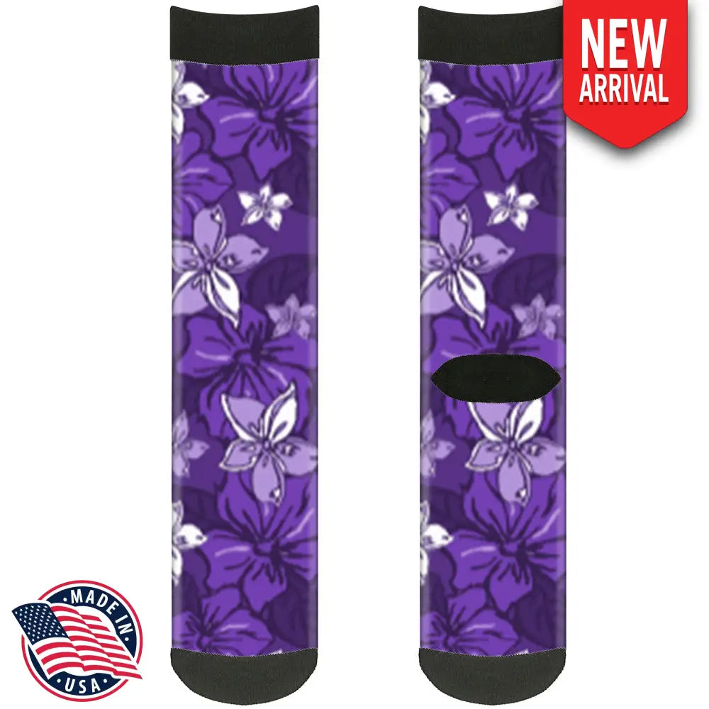 Sock Pair - Polyester - Hibiscus Collage Purple Shades - CREW Socks