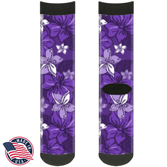 Sock Pair - Polyester - Hibiscus Collage Purple Shades - CREW Socks