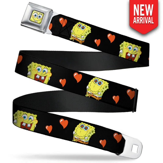 Sponge Bob Face CLOSE-UP Full Color Seatbelt Belt - SpongeBob Love Eyes/Hearts Black/Red Webbing Seatbelt Belts