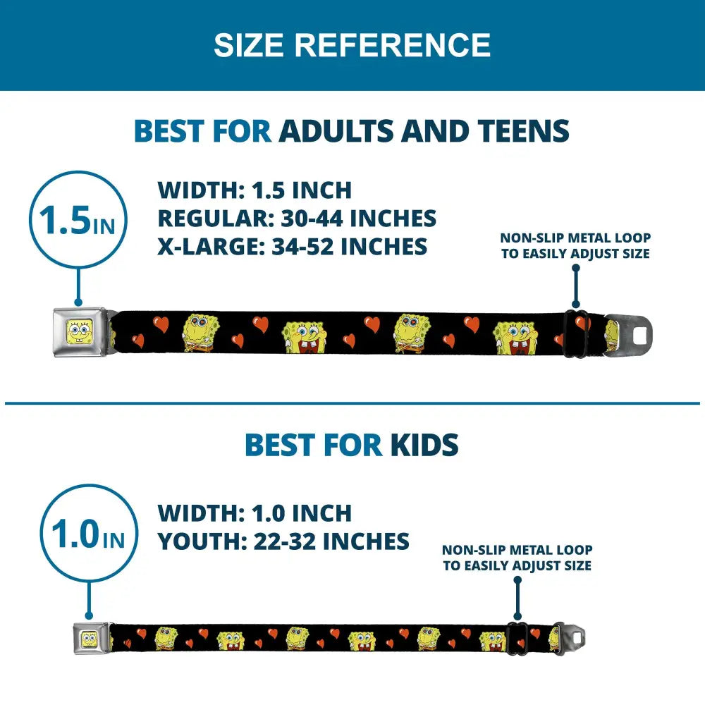 Sponge Bob Face CLOSE-UP Full Color Seatbelt Belt - SpongeBob Love Eyes/Hearts Black/Red Webbing Seatbelt Belts
