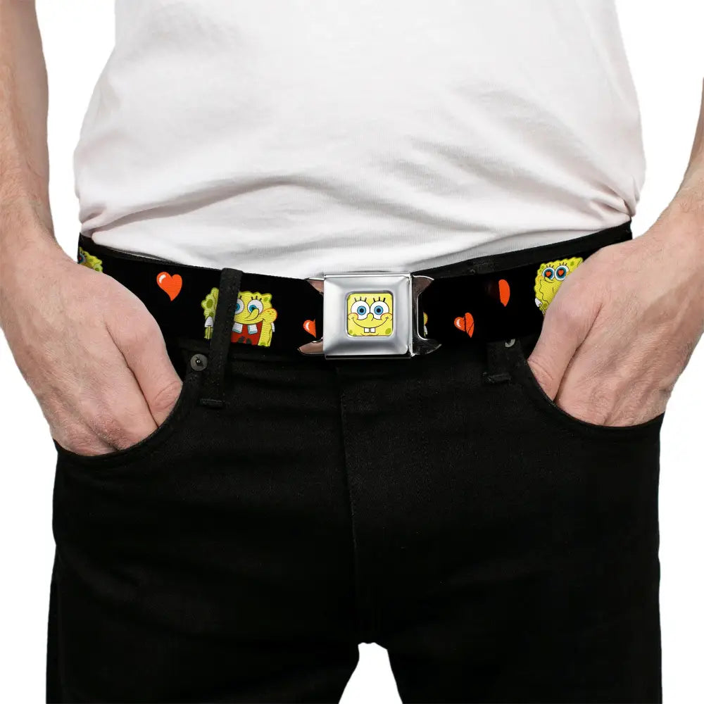 Sponge Bob Face CLOSE-UP Full Color Seatbelt Belt - SpongeBob Love Eyes/Hearts Black/Red Webbing Seatbelt Belts